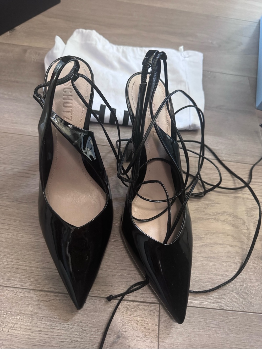 SCHUTZ Black Patent Pointed Lace-Up Slingback Heels